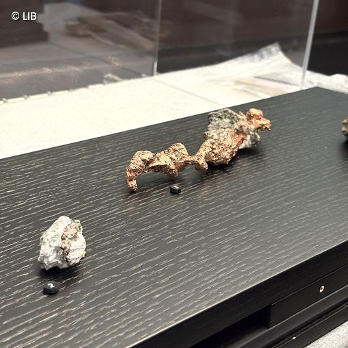 Drei Erze, darunter ein längliches kupferfarbenes Erz in der Mitte, auf schwarzer Holzoberfläche mit kleinen schwarzen Nummernschildern.