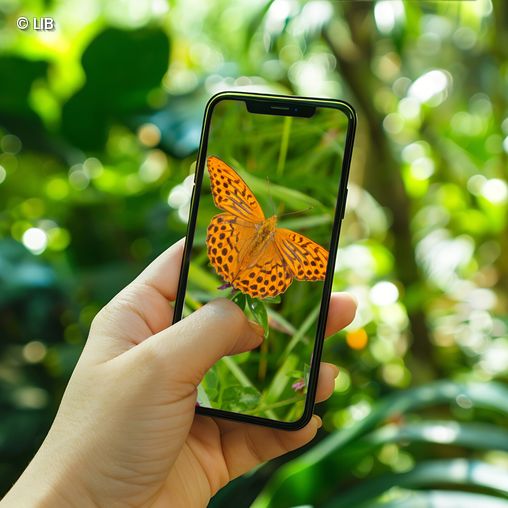 Hand mit Handy, das orangenen Schmetterling fotografiert