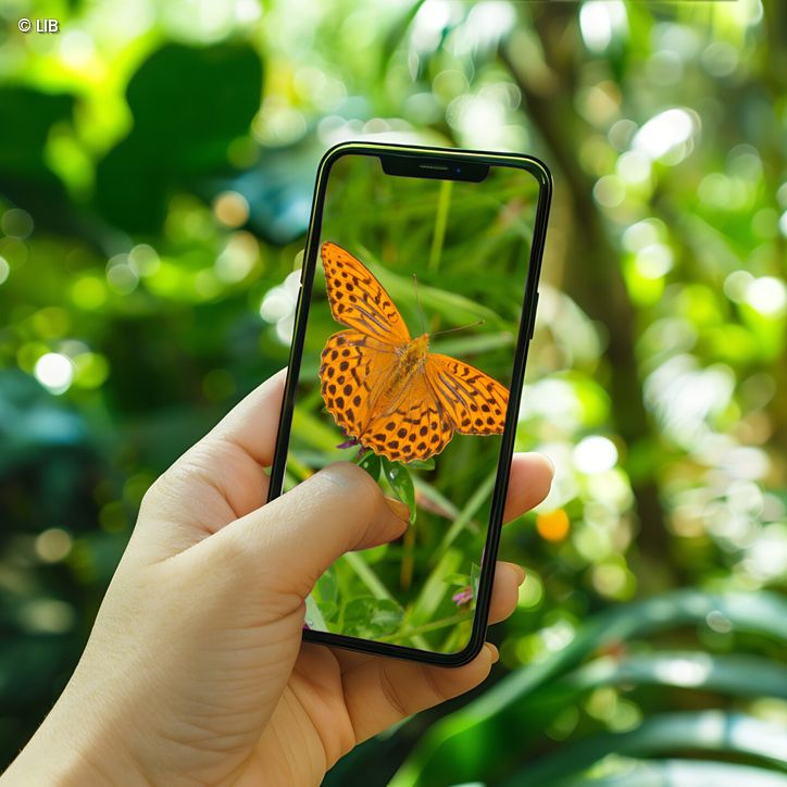 Hand mit Handy, das orangenen Schmetterling fotografiert