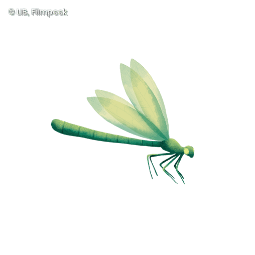 Grünliche, stilisierte Libelle mit transparenten Flügeln und segmentiertem Körper in Seitenansicht